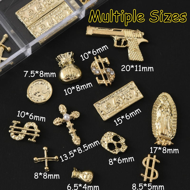 ZUMILLMN 58PCS 3D Nail Charms - Gold Alloy Dollar, Gun, Virgin Mary,Cron & Cross Charms, Shiny Nail Rhinestones for Nail Art, Manicure, DIY Jewelry Making - Image 4