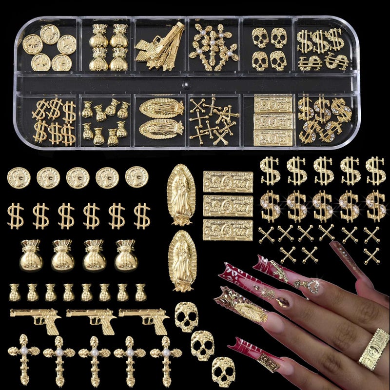 ZUMILLMN 58PCS 3D Nail Charms - Gold Alloy Dollar, Gun, Virgin Mary,Cron & Cross Charms, Shiny Nail Rhinestones for Nail Art, Manicure, DIY Jewelry Making - Image 1