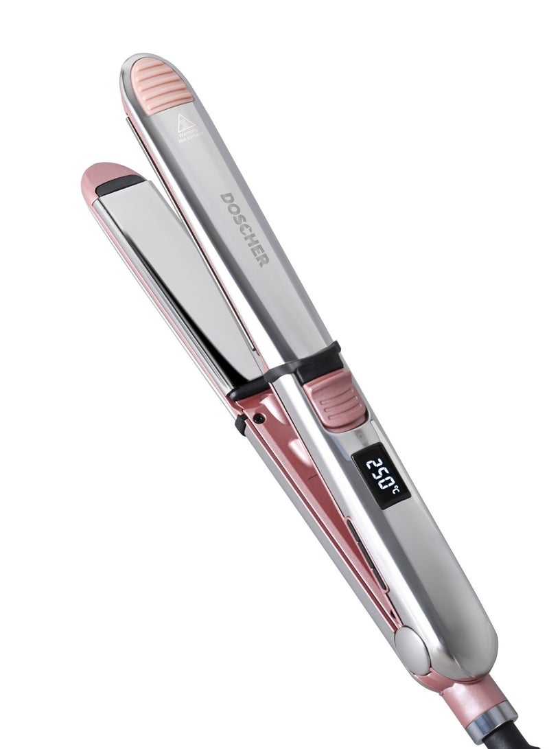 DOSCHER Titanium Hair Straightener & Curler, 2-in-1 Flat Iron with Negative Ions, Up to 480°F / 250°C, LCD Display, Adjustable Heat, Ceramic-Level Glide Upgrade, Dual Voltage & Travel Lock – Professional Styling Tool - Image 1