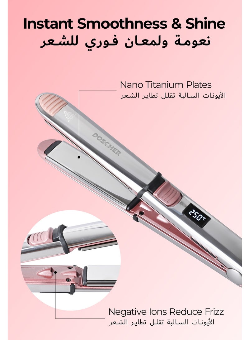 DOSCHER Titanium Hair Straightener & Curler, 2-in-1 Flat Iron with Negative Ions, Up to 480°F / 250°C, LCD Display, Adjustable Heat, Ceramic-Level Glide Upgrade, Dual Voltage & Travel Lock – Professional Styling Tool - Image 2