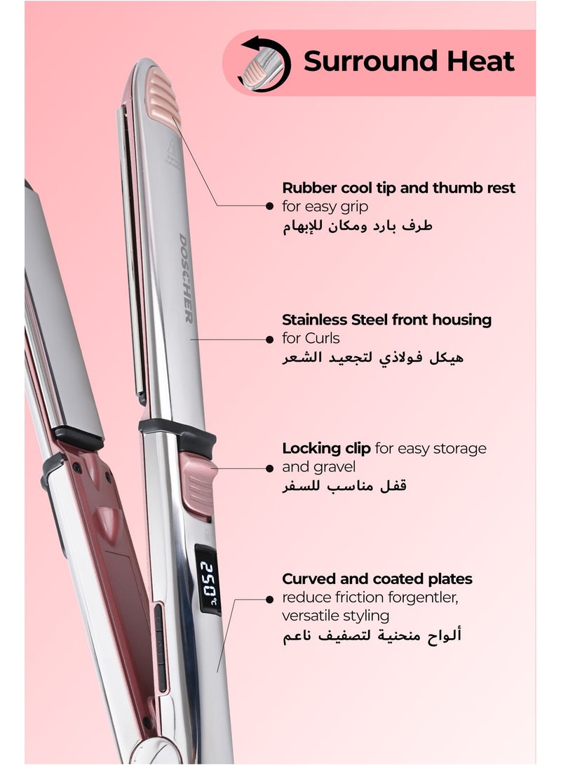 DOSCHER Titanium Hair Straightener & Curler, 2-in-1 Flat Iron with Negative Ions, Up to 480°F / 250°C, LCD Display, Adjustable Heat, Ceramic-Level Glide Upgrade, Dual Voltage & Travel Lock – Professional Styling Tool - Image 3