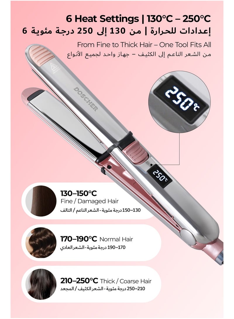 DOSCHER Titanium Hair Straightener & Curler, 2-in-1 Flat Iron with Negative Ions, Up to 480°F / 250°C, LCD Display, Adjustable Heat, Ceramic-Level Glide Upgrade, Dual Voltage & Travel Lock – Professional Styling Tool - Image 4