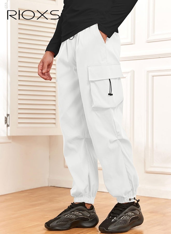 ريوكس ​​بنطلون كارغو أبيض سريع الجفاف للرجال، بنطلون مظلة فضفاض بخصر متوسط مع جيوب متعددة، خصر مطاطي وأربطة قابلة للتعديل، بنطلون جري صيفي للارتداء في الهواء الطلق والكاجوال، بنطلون جري بخصر منخفض، بنطلون مناسب للمشي لمسافات طويلة، بنطلون جري عصري للشباب - Image 1