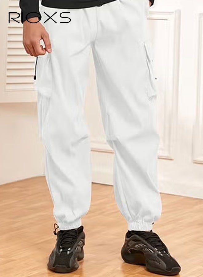 ريوكس ​​بنطلون كارغو أبيض سريع الجفاف للرجال، بنطلون مظلة فضفاض بخصر متوسط مع جيوب متعددة، خصر مطاطي وأربطة قابلة للتعديل، بنطلون جري صيفي للارتداء في الهواء الطلق والكاجوال، بنطلون جري بخصر منخفض، بنطلون مناسب للمشي لمسافات طويلة، بنطلون جري عصري للشباب - Image 3