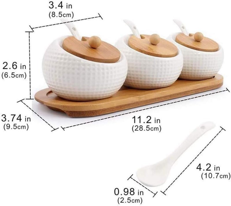 PLENARO 3PCS Porcelain Spice Jar Set Ceramic Condiment Jar with Bamboo Lid and Holder Spot Ceramic Serving Spoon Spice Jars Container for SugarSaltPepper WHITE - Image 3