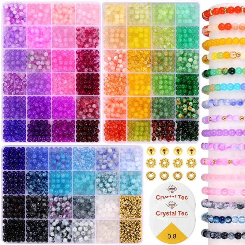 Funtopia 6mm Glass Beads for Bracelets, 2700pcs 70 Colors Crackle Glass Beads for Jewelry Making, Funtopia Round Crystal Beads for DIY Necklace Crafts with Spacer Beads, Solid and Floral Colors - Image 1