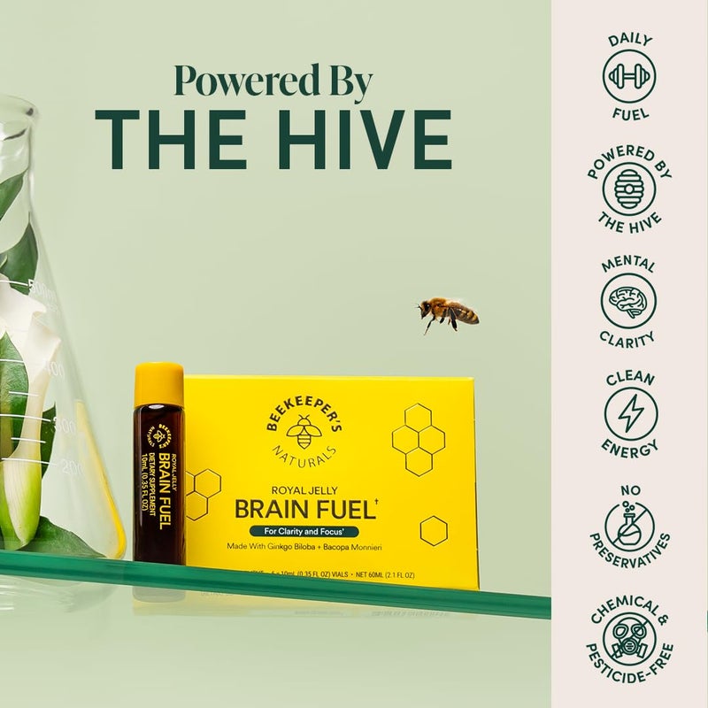 BEEKEEPER'S NATURALS B.LXR Brain Fuel - Memory, Focus and Clarity Liquid Formula, Supports Productivity Royal Jelly, Ginkgo Biloba, Bacopa Monnieri Keto Friendly, Gluten & Caffeine-Free, (6 ct) - Image 2