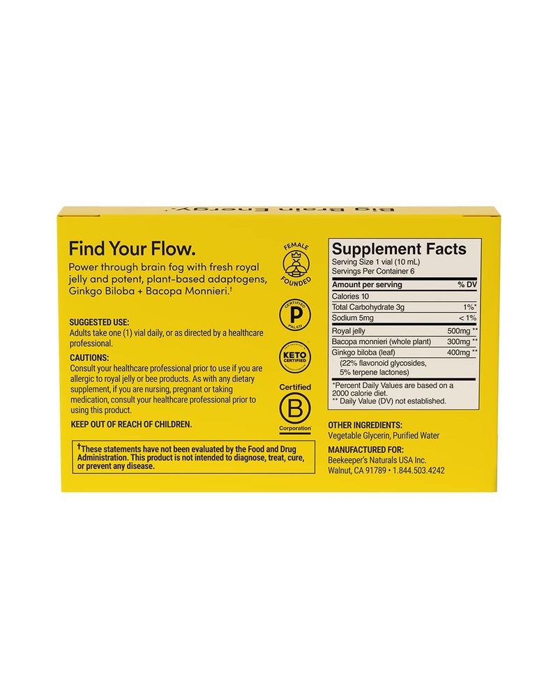 BEEKEEPER'S NATURALS B.LXR Brain Fuel - Memory, Focus and Clarity Liquid Formula, Supports Productivity Royal Jelly, Ginkgo Biloba, Bacopa Monnieri Keto Friendly, Gluten & Caffeine-Free, (6 ct) - Image 3