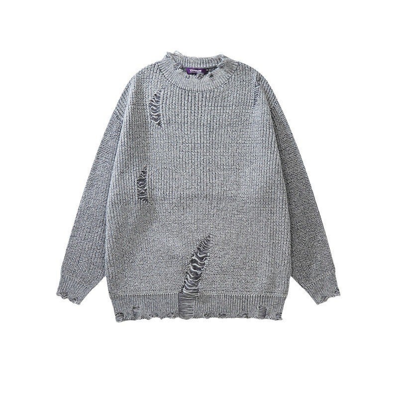 Design Sense Ripped Sweater Mens and Womens Spring and Autumn New Fashion Brand Hip-hop Loose All-match Couples Knitted Sweater Sweater Light gray [high quality deer plush] 