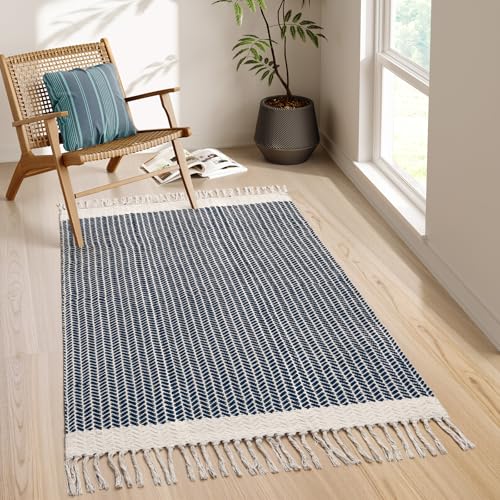 La Home Lahome Belle Boho Bedroom Rug 3x5 Kichen Rugs for Entryway Living Room Woven Washable Carpet with Tassels Farmhouse Lightweight Navy Blue Non Shedding Floor Carpet for Bedroom Laundry - Image 1