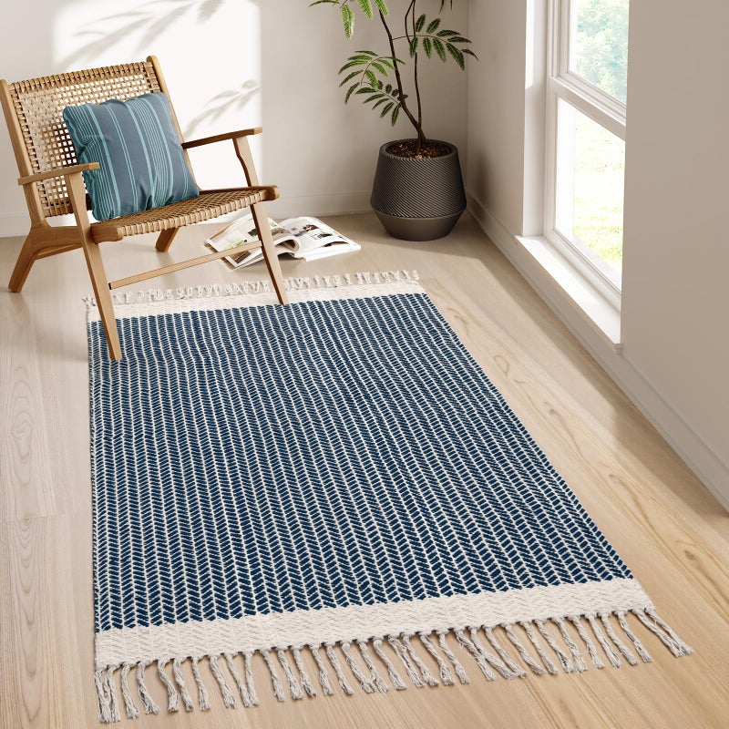 La Home Lahome Belle Boho Bedroom Rug 3x5 Kichen Rugs for Entryway Living Room Woven Washable Carpet with Tassels Farmhouse Lightweight Navy Blue Non Shedding Floor Carpet for Bedroom Laundry - Image 2