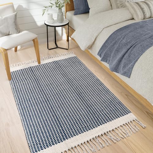 La Home Lahome Belle Boho Bedroom Rug 3x5 Kichen Rugs for Entryway Living Room Woven Washable Carpet with Tassels Farmhouse Lightweight Navy Blue Non Shedding Floor Carpet for Bedroom Laundry - Image 3