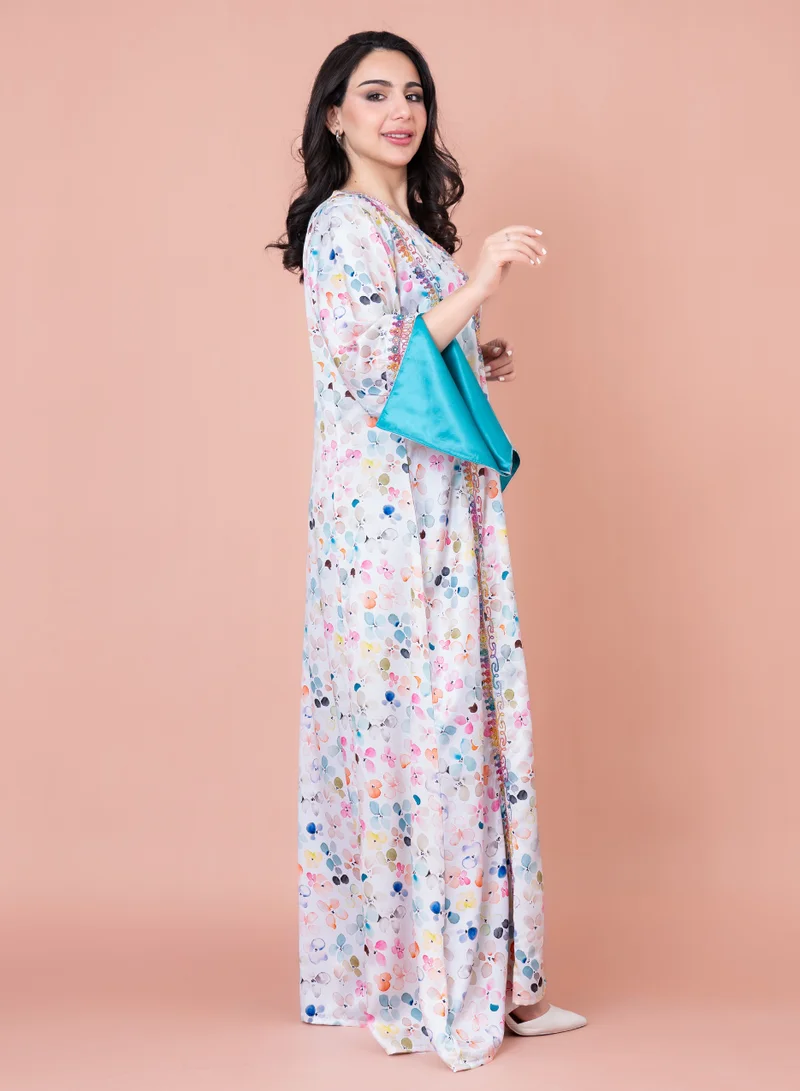 IKKXA Embroidered Printed Petals Jalabiya IN042 White