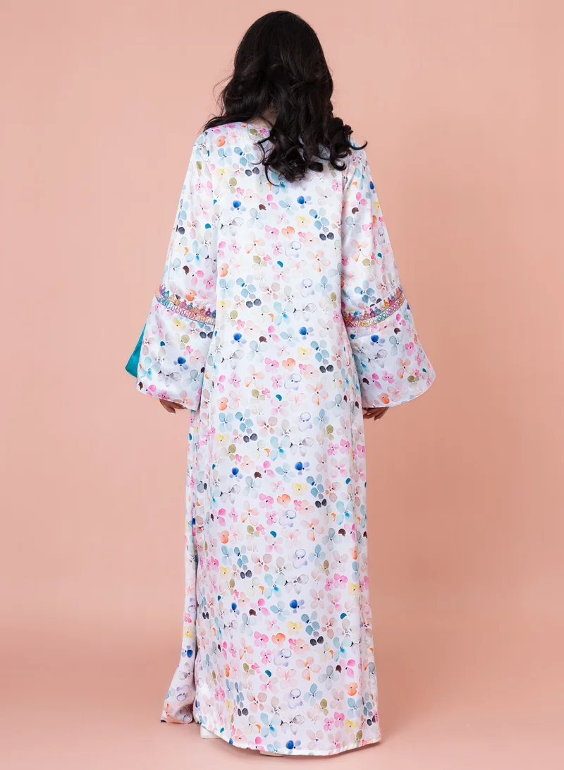 IKKXA Embroidered Printed Petals Jalabiya IN042 White