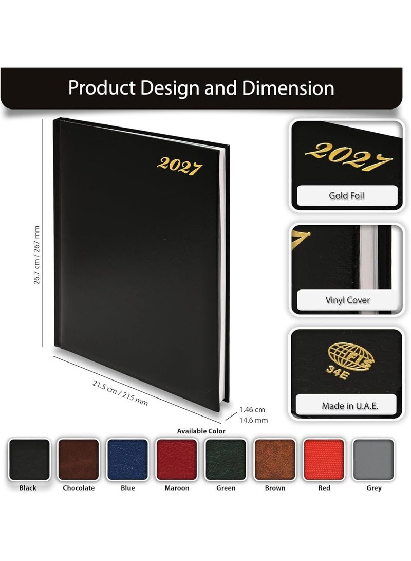 FIS 2027 Executive Diary, Size 210x260mm, Hard Cover Vinyl, 1 Side Padded, 1 Week at a Glance Format, English/French, 70gsm White Paper, Black Cover-FSDI34E27BK - Image 3