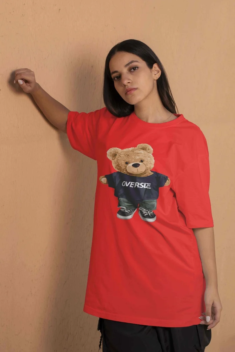 DogFish Teddy Printed Women's Oversize Pink T-Shirt