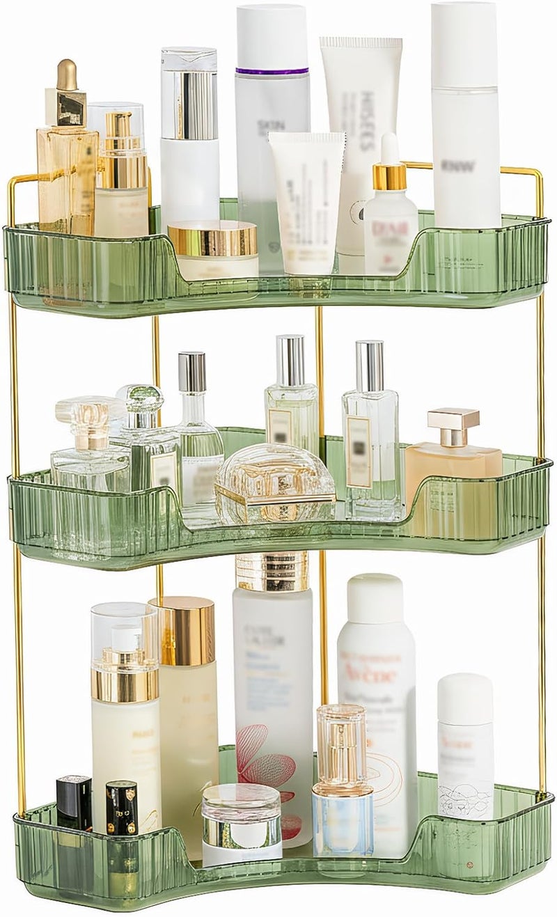 SHANNA Square Make Up Cosmetic Organiser: Adjustable Large Capacity Organiser for Lipsticks, Eyeshadow and Brushes, Storage Box for Dressing Table or Dresser (3 Tiers, Green-B) - Image 1