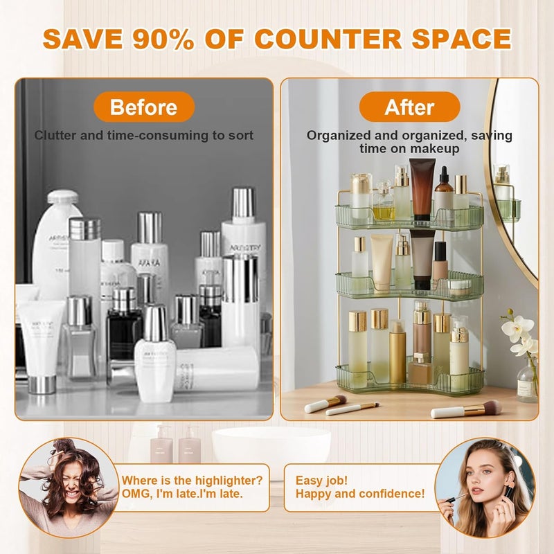 SHANNA Square Make Up Cosmetic Organiser: Adjustable Large Capacity Organiser for Lipsticks, Eyeshadow and Brushes, Storage Box for Dressing Table or Dresser (3 Tiers, Green-B) - Image 2