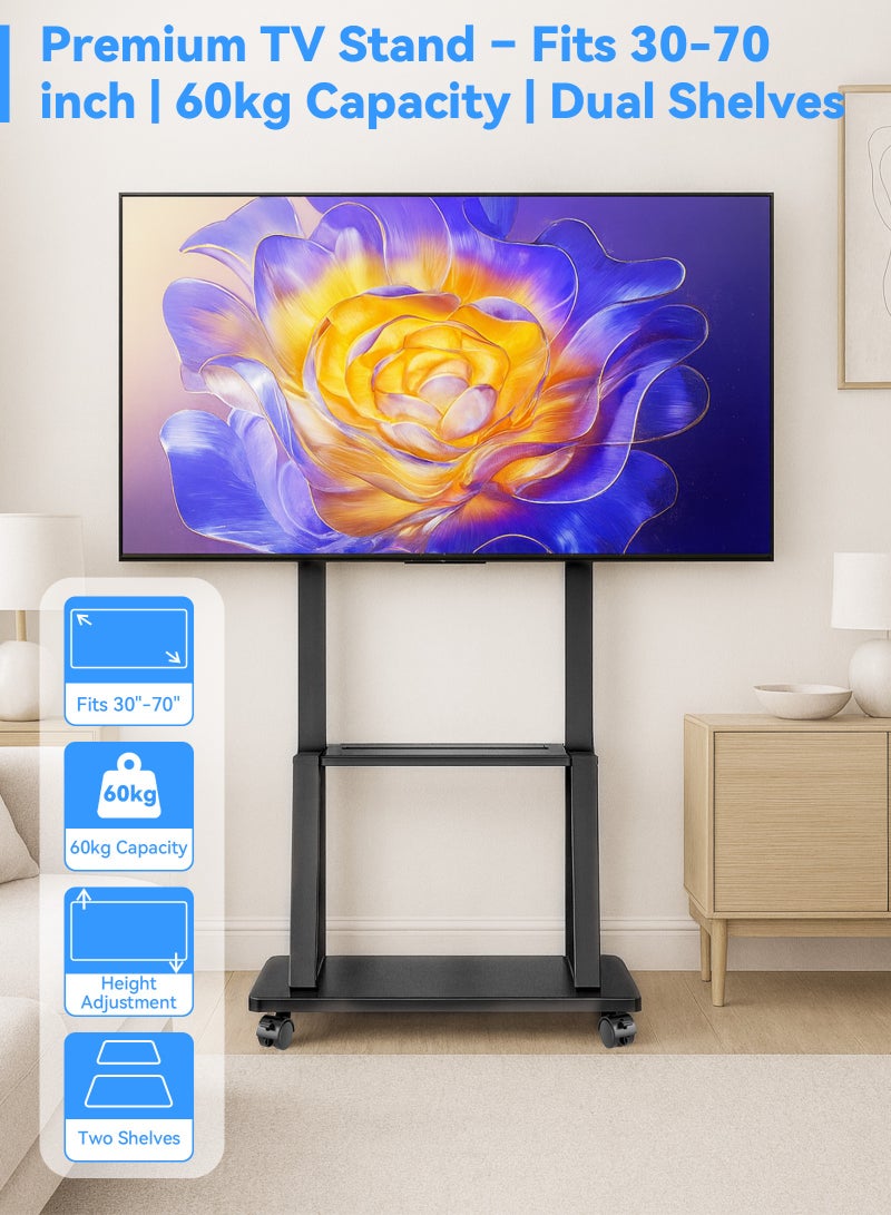 يو إل اتش واي سي حامل تلفزيون متحرك عالمي متين | عربة سهلة الحركة لأجهزة التلفزيون من 30 إلى 70 بوصة (يناسب 50، 55، 60، 65، 70 بوصة). يدعم شاشات 4K، والشاشات المنحنية، والمسطحة، مع أرفف تخزين. - Image 3