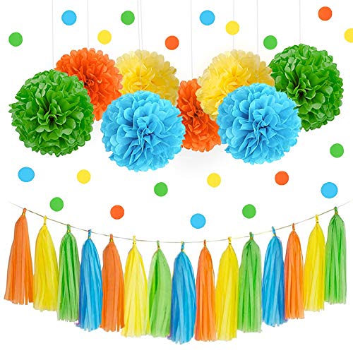 IGUO Monster Bash Party Decorations - 30Pcs Yellow Blue Green Orange Tissue Pom Poms Monster Party Favors 1st Birthday Supplies Paper Tassel Garland for Girls Boys Baby Shower Kids Party Supplies - Image 1