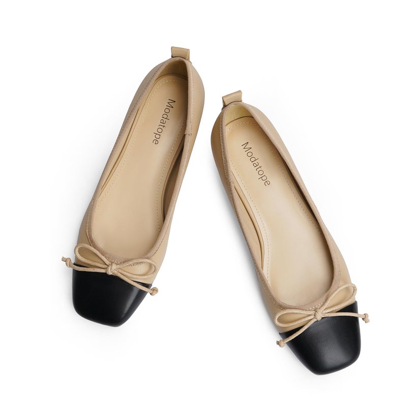 Modatope Nude Flats for Women Dressy Ballet Ballerina Bow Bowknot Closed Square Cap Toe Slip on Two Tone Flats Shoes Size 7.5 - Image 1