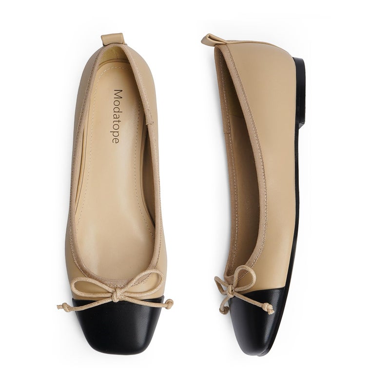 Modatope Nude Flats for Women Dressy Ballet Ballerina Bow Bowknot Closed Square Cap Toe Slip on Two Tone Flats Shoes Size 7.5 - Image 4