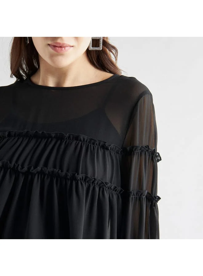 Splash FAV Ruffled Chiffon Top with Crew Neck and Three-Quarter Sleeves