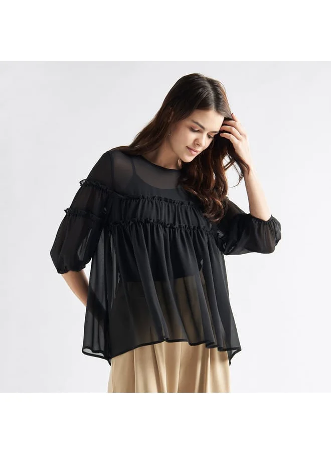 FAV Ruffled Chiffon Top with Crew Neck and Three-Quarter Sleeves