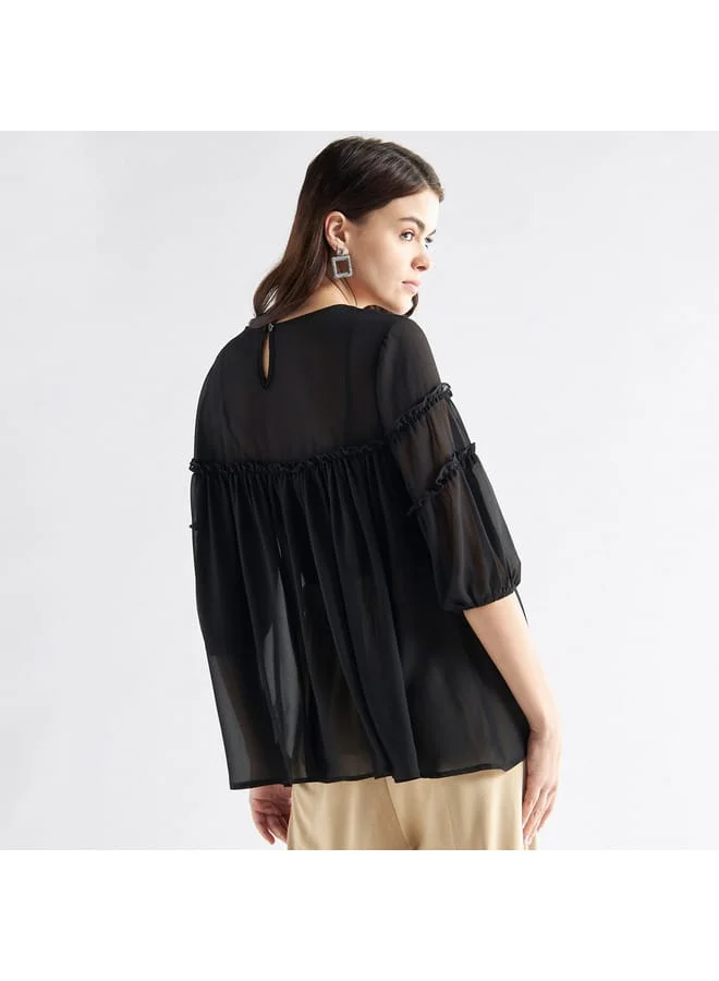 Splash FAV Ruffled Chiffon Top with Crew Neck and Three-Quarter Sleeves