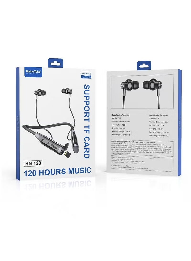 هينو تيكو حزام رقبة بلوتوث HN120 مع 120 ساعة من الموسيقى، جودة صوت عالية، ميكروفون فائق الوضوح، دعم بطاقة TF - أسود أنيق، مثالي للموسيقى والمكالمات والاستخدام طويل الأمد - Image 4