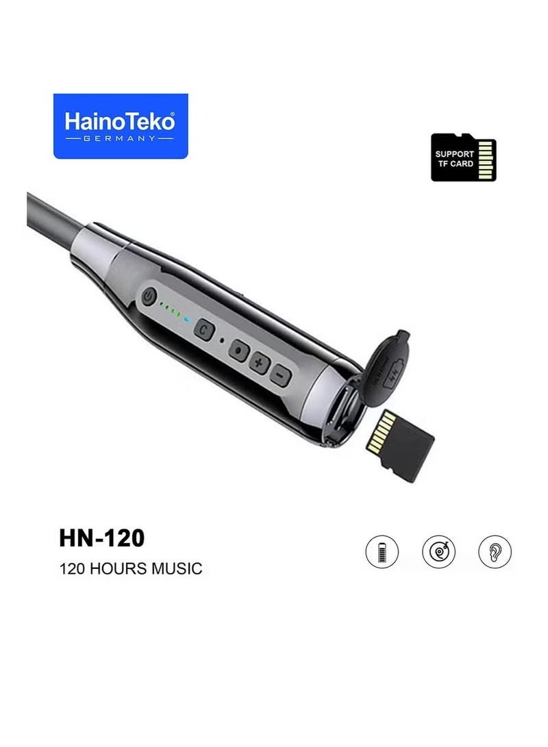 هينو تيكو حزام رقبة بلوتوث HN120 مع 120 ساعة من الموسيقى، جودة صوت عالية، ميكروفون فائق الوضوح، دعم بطاقة TF - أسود أنيق، مثالي للموسيقى والمكالمات والاستخدام طويل الأمد - Image 3