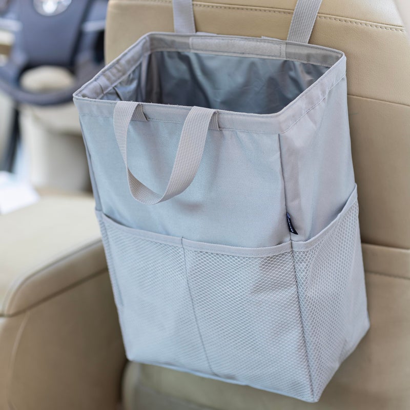 Ginsco New Leak-Proof Travel Car Trash Bag, 3.5 Gallons Large Capacity Hanging Car Trash Can with Hook and Loop Lid and Handle, Multipurpose Trash Bin with Storage Pockets for SUV RV, Atomic Silver - Image 1