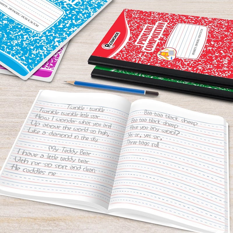 Rosmonde 12 Pack Primary Composition Notebooks, 200 Pages (100 Sheets), Primary Ruled Composition Notebook, 9-3/4" x 7-1/2", Grades K-2, Writing Dotted Lined, Assorted, Colors May Repeat - Image 4