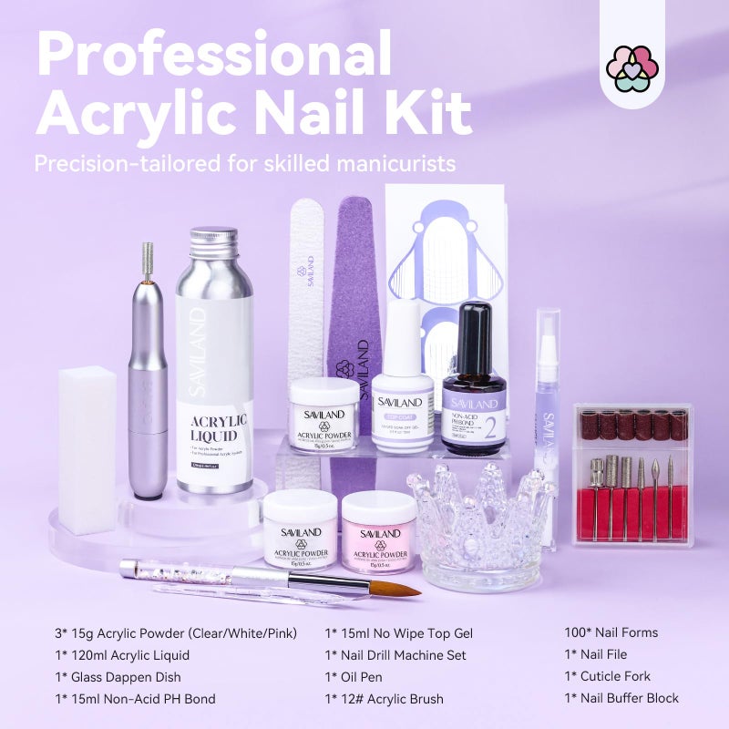 SAVILAND Acrylic Nail Kit with Drill: Professional Salon Nails Kit with Everything Acrylic Powder and Liquid Set Nail Brush Forms Top Gel & Manicure Tools Kit for DIY Extension Carving Home Use - Image 2
