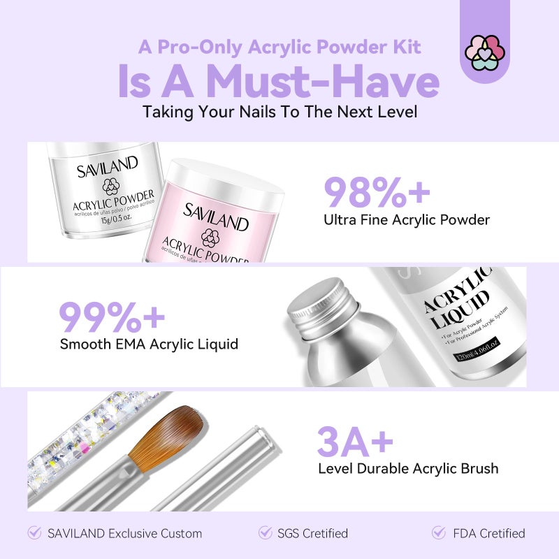 SAVILAND Acrylic Nail Kit with Drill: Professional Salon Nails Kit with Everything Acrylic Powder and Liquid Set Nail Brush Forms Top Gel & Manicure Tools Kit for DIY Extension Carving Home Use - Image 3