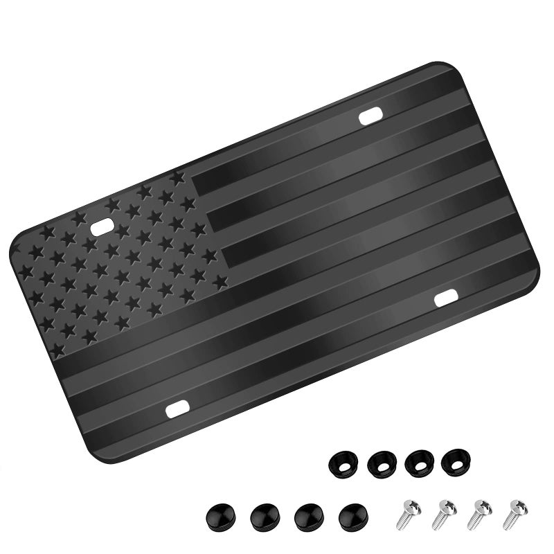 WYHCauto American Flag License Plate, Black Front Flag Decoration License Plates with 4 Holes,Aluminum Metal 3D Embossed US License Plate with Screws Caps, 6 * 12 inches Car Decor Accessory - Image 1