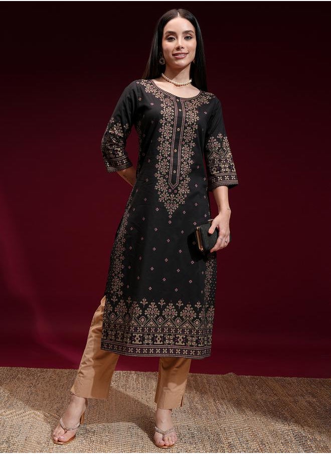 Vishudh Women Black & Golden Printed Straight Kurta by Styli  - Image 2