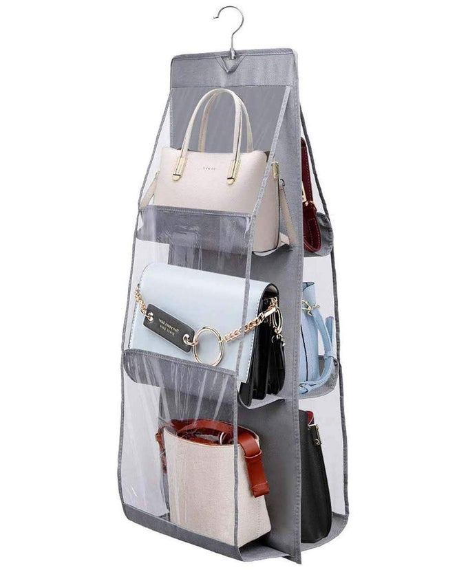 PURSE HANDBAG ORGANIZER 6 POCKET FOLDABLE LARGE CLEAR ANTI DUST HANGING STORAGE BAG ORGANIZER WITH HOOK PURSE HANGER STORAGE HOLDER FOR WARDROBE CLOSET ORGANIZER PACK OF 1 GREY