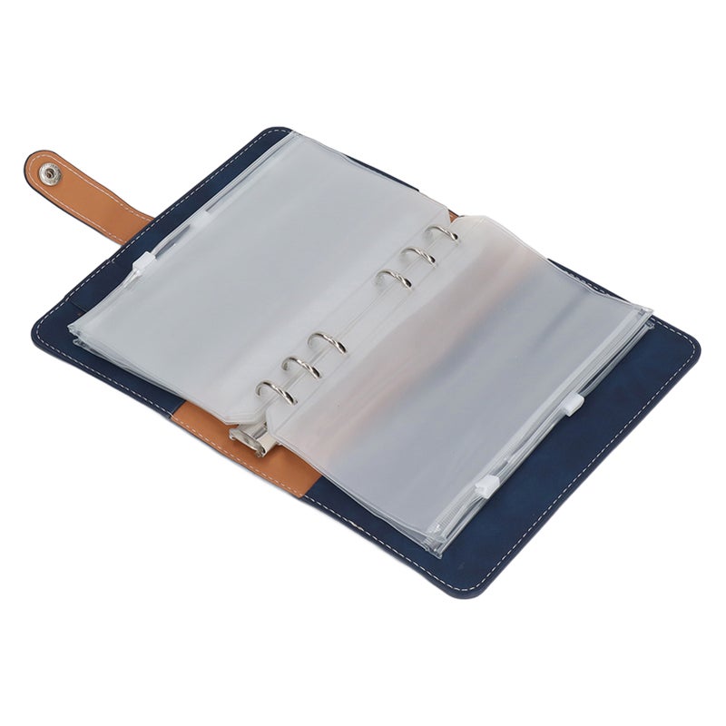 Cash Binder A6 Portable Size PU Leather 6 Pre Punched Holes Budget Binder with 12 Clear Zip Pockets Small Labels Blue - Image 4
