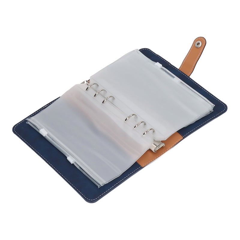 Cash Binder A6 Portable Size PU Leather 6 Pre Punched Holes Budget Binder with 12 Clear Zip Pockets Small Labels Blue - Image 1