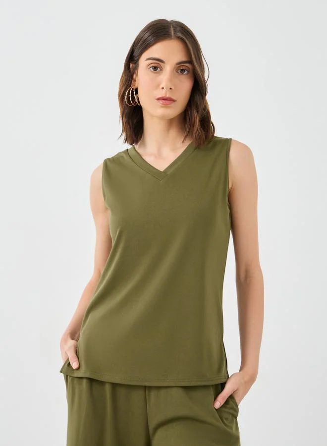 Take Two Take Two Women Khaki Sleeveless Top and Pants Co-Ords