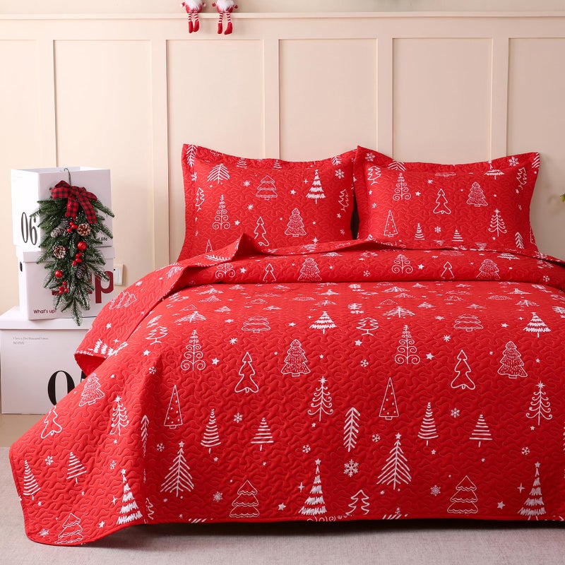 JSD 2 Pcs Kids Christmas Quilt Set Twin Size, Red Christmas Tree Bedding, Soft Microfiber Bedspread Coverlet Holiday Quilted Blanket - Image 1