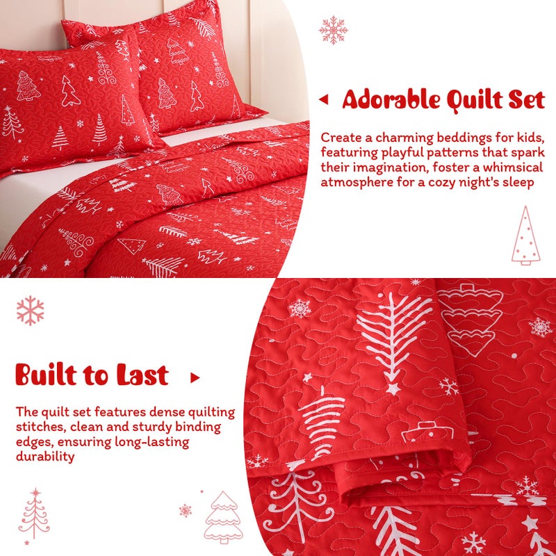 JSD 2 Pcs Kids Christmas Quilt Set Twin Size, Red Christmas Tree Bedding, Soft Microfiber Bedspread Coverlet Holiday Quilted Blanket - Image 4