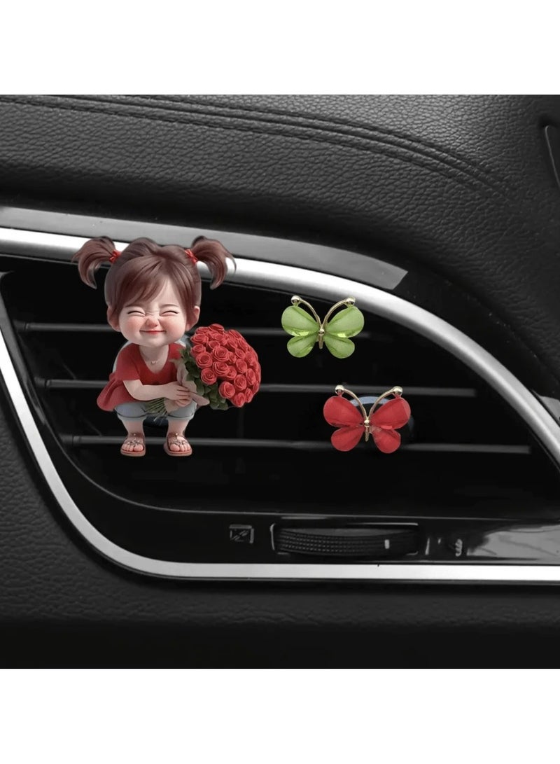 Generic Car decoration, car air conditioner accessory, with a cute girl design and a green and red bow tie. A cute and distinctive design that adds a fun touch to your car decor. 