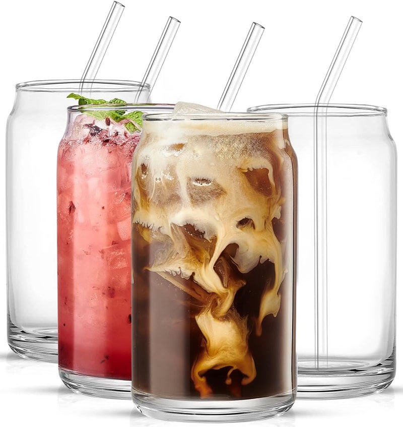 KELVEE KELVEE Glasses Cup with Straws Drinking Glass Set of 4 PCS400 ml Iced Coffee Cup Beer Glasses Glass Tumbler Cute Cups Can Shaped Glass Cups Soda Can Glasses Beer CAN 4 - Image 1