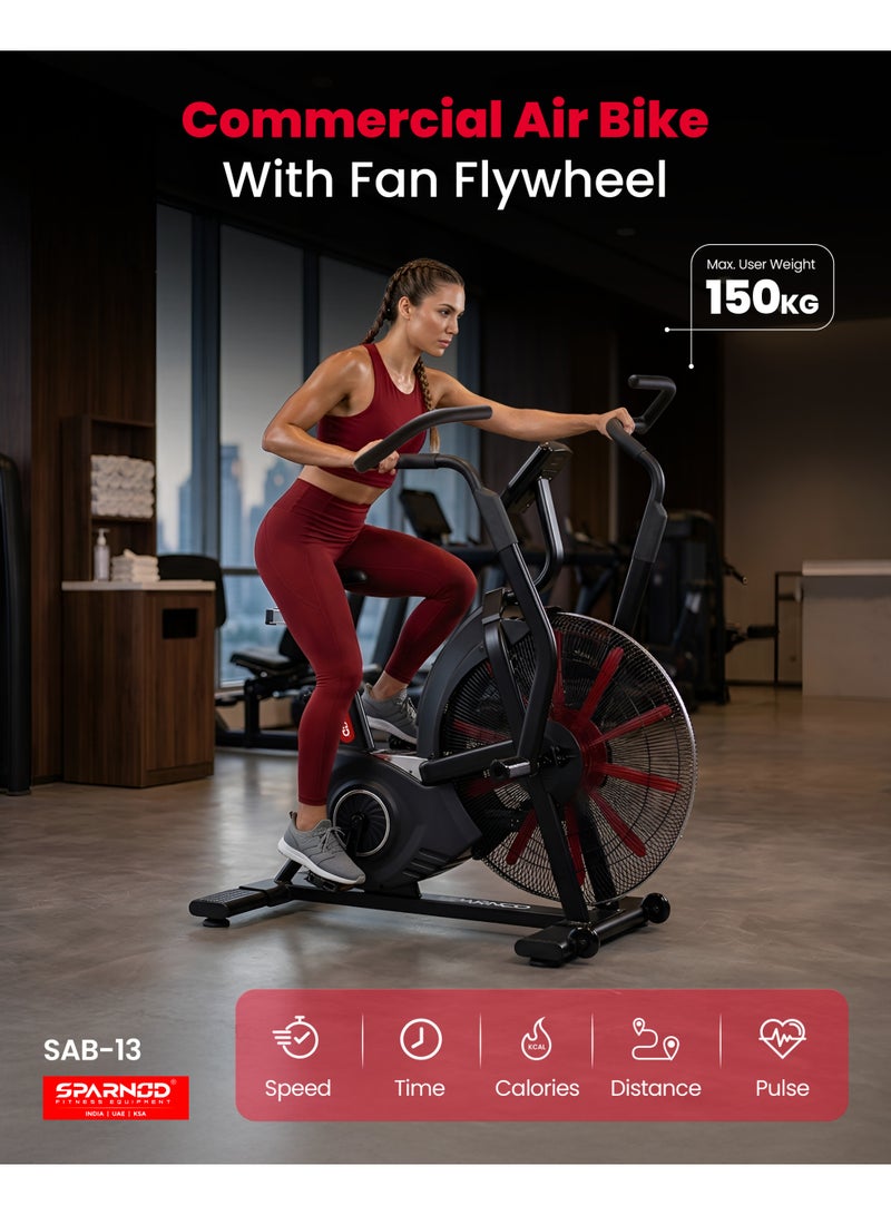 Sparnod Fitness دراجة سبايرنود فيتنس SAB-13 التجارية – عجلة مروحة، 165 برنامج محدد مسبقًا، وحدة تحكم فترات، مقعد مريح قابل للتعديل، مستشعر معدل ضربات القلب، إطار فولاذي ثقيل، سعة 150 كجم - Image 2