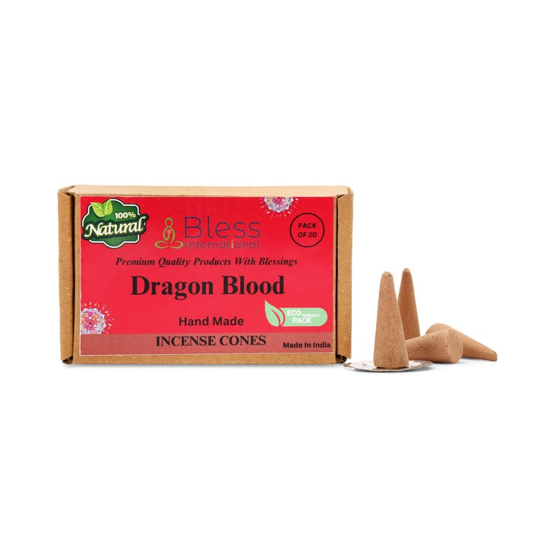Bless International بخور دم التنين 100% طبيعي من بليس إنترناشيونال، مخروطات بخور مصنوعة يدويًا، خالية من المواد الكيميائية العضوية، للتطهير والاسترخاء والإيجابية واليوغا والتأمل، أفضل الروائح، 20 قطعة