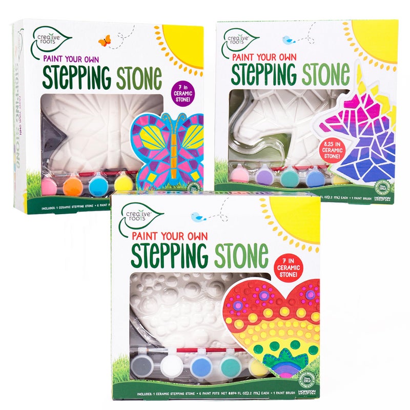 Creative Roots Paint Your Own Stepping Stones Multipack with Butterfly Unicorn Heart 3 Ceramic Stepping Stones 7 Inch Each 18 Acrylic Paints 3 Paintbrushes Ages 8