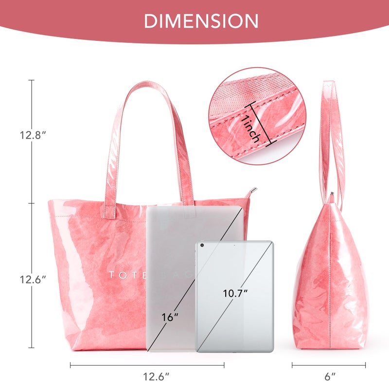 KALIDI PVC Zipper Tote Bag, Kraft Paper Beach Bag Large Hobo Carry All Travel Shopping Handbag Plastic Shoulder Bag (Pink) - Image 4