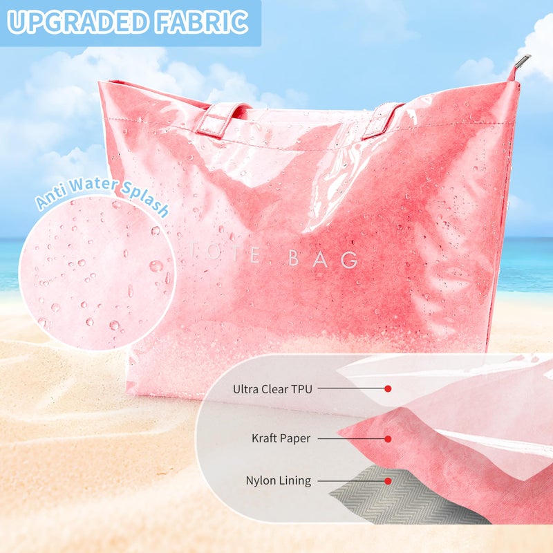KALIDI PVC Zipper Tote Bag, Kraft Paper Beach Bag Large Hobo Carry All Travel Shopping Handbag Plastic Shoulder Bag (Pink) - Image 3